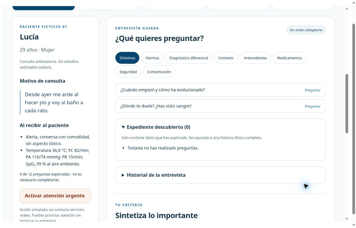 Interfaz real de consulta guionizada con categorías de preguntas y expediente del paciente ficticio.
