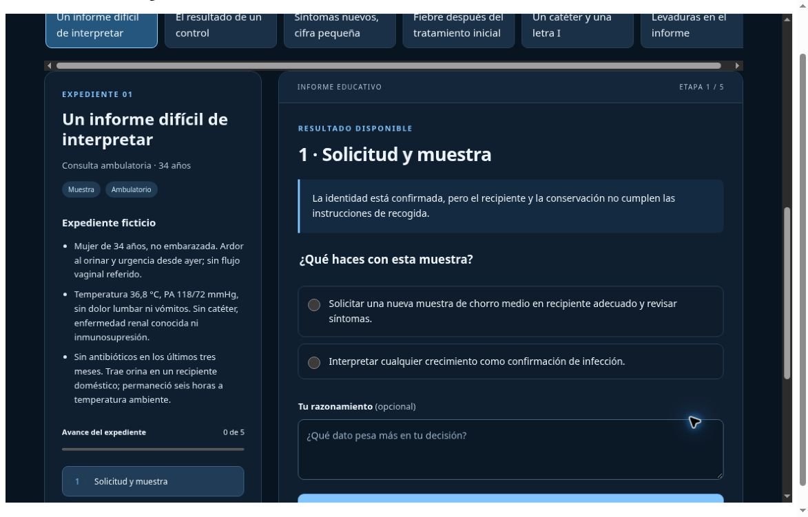 Interfaz real del laboratorio de microbiología, con expediente ficticio y alternativas de decisión.