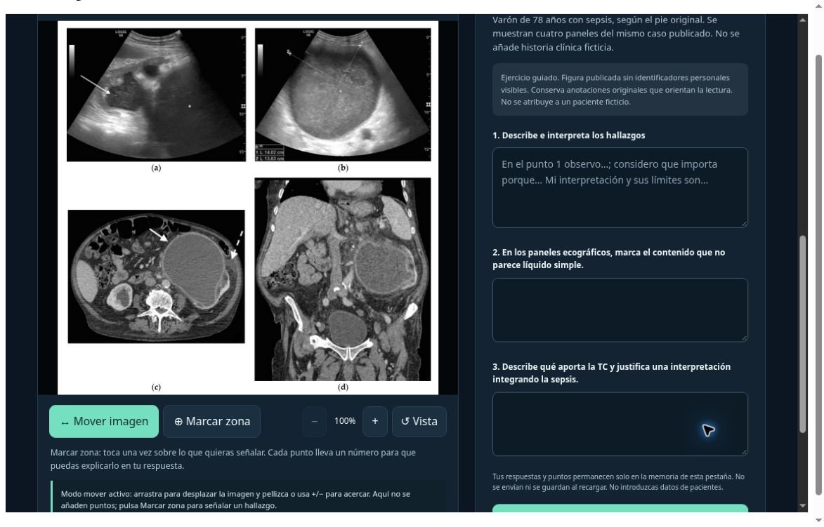 Captura real del visor IIFMED con ecografía y tomografía publicadas, controles de ampliación y marcación, y preguntas de interpretación